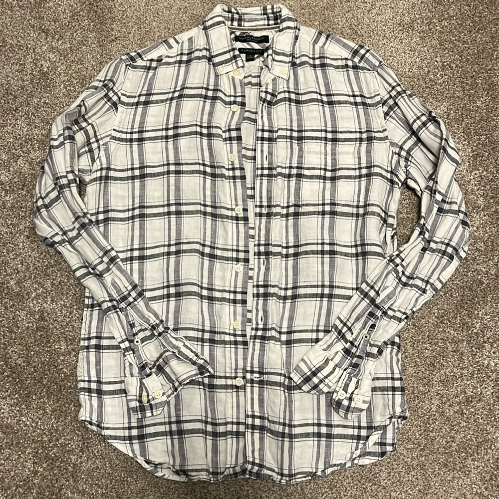 Banana Republic Black Plaid Linen Button Down Shirt